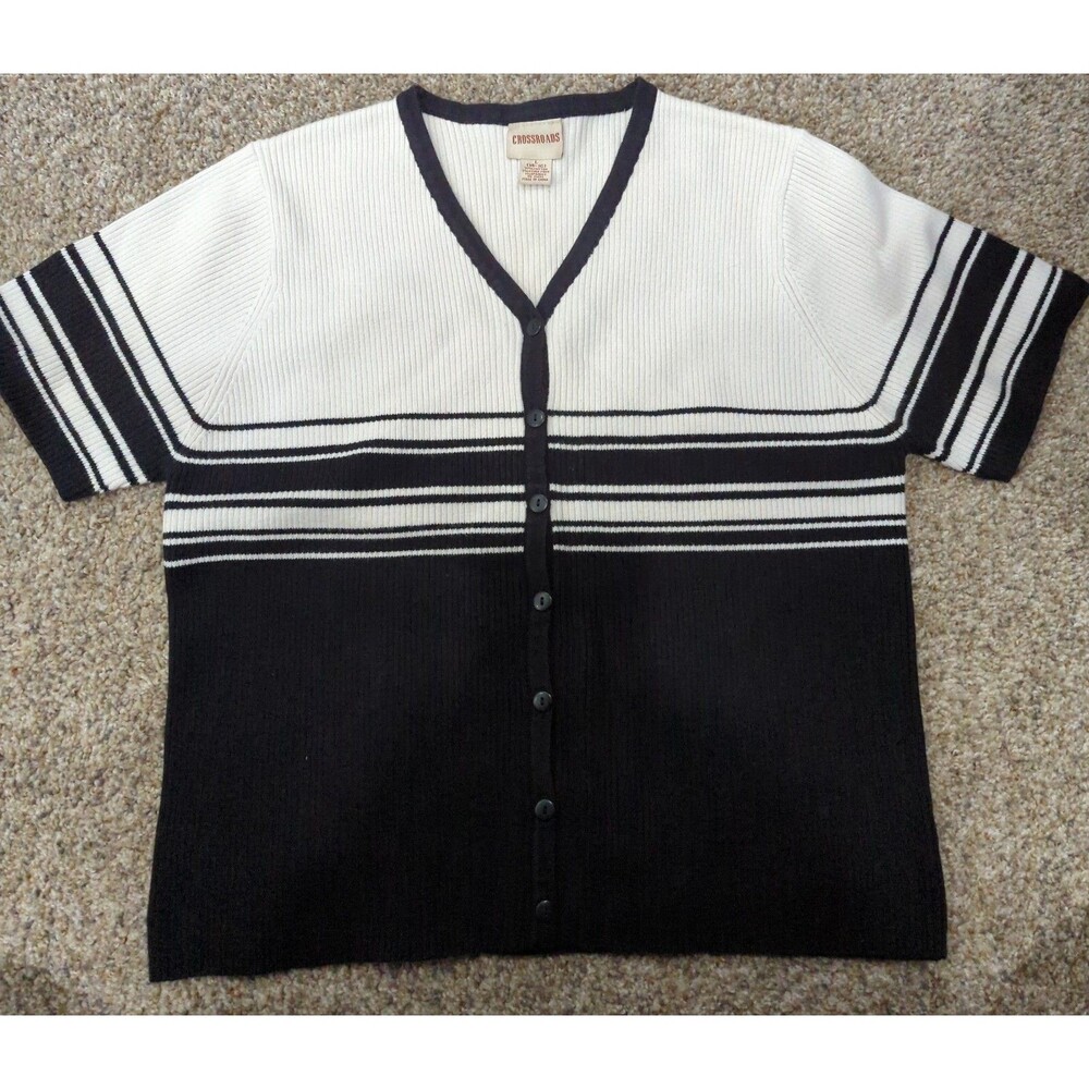 Womens Crossroads Black Striped Ribbed Short Sleeve V Neck Sweater L 14-16